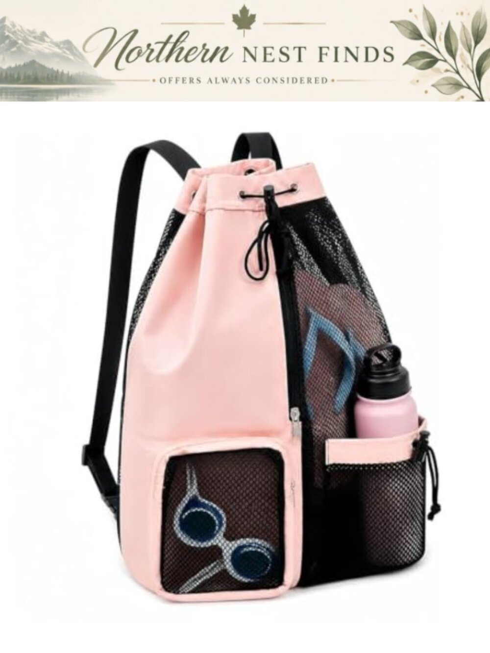 Waterproof Mesh Drawstring Backpack Zippered Pouch Gym Beach Pool Bag